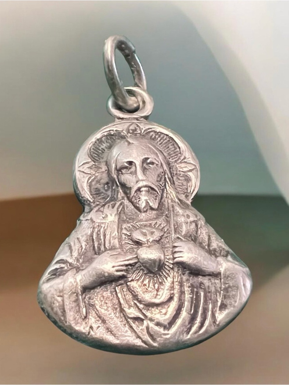 1940s Creed sterling silver religious pendant of Sacred Heart of Jesus & Mary